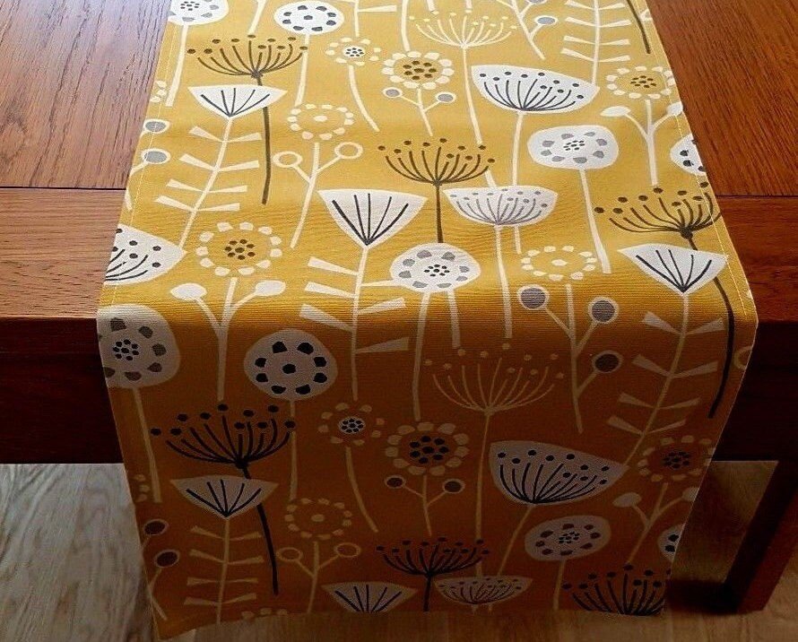 Table Runner Ochre Yellow Grey Floral Design 36" 48" 54" 60" 64" 72" 84" 96" 104" Fryetts Handmade - CushionCoverAndDecor