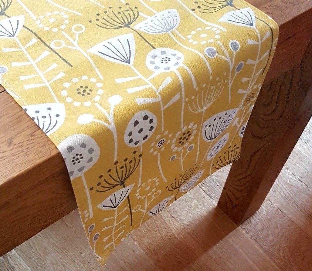 Table Runner Ochre Yellow Grey Floral Design 36" 48" 54" 60" 64" 72" 84" 96" 104" Fryetts Handmade - CushionCoverAndDecor