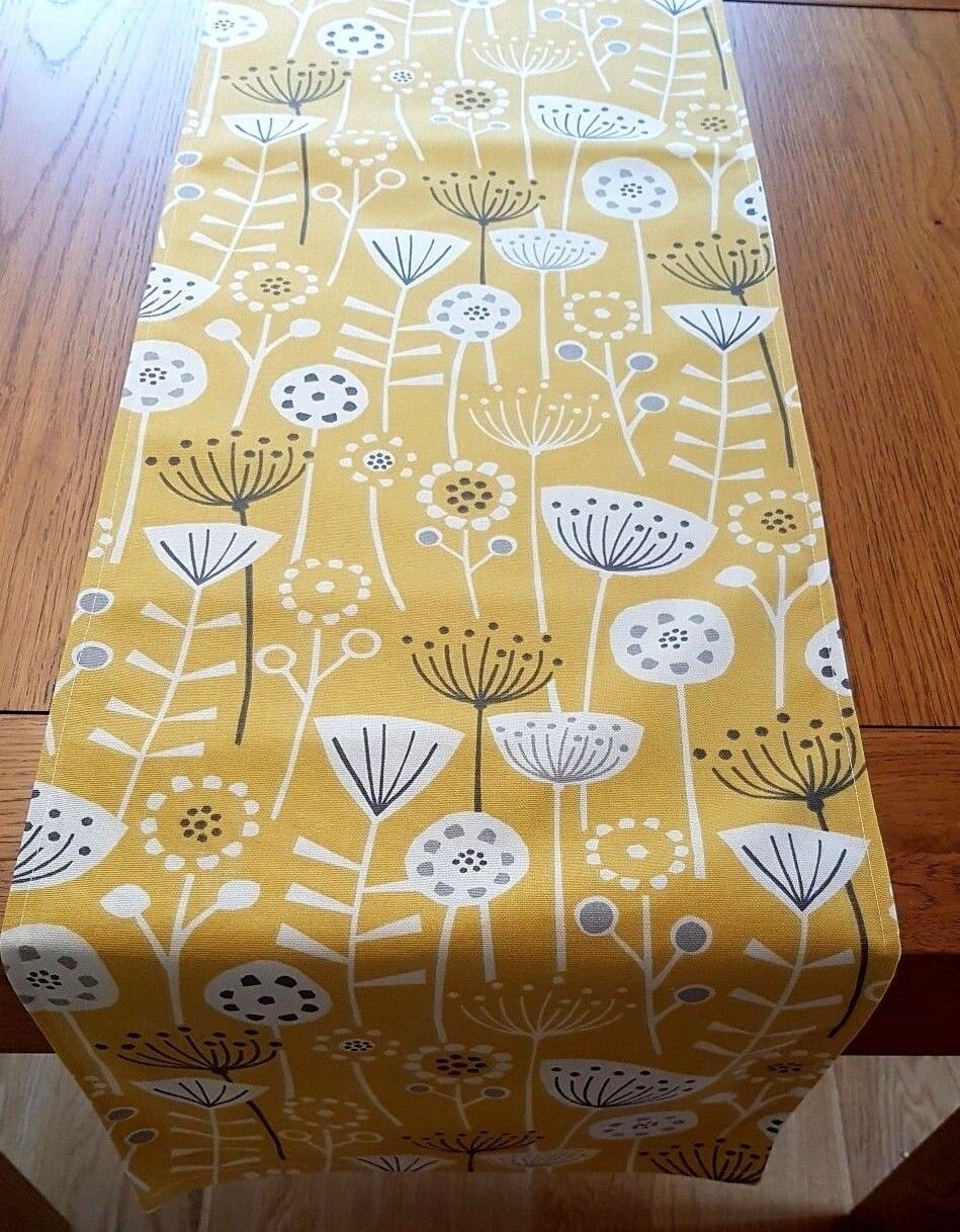 Table Runner Ochre Yellow Grey Floral Design 36" 48" 54" 60" 64" 72" 84" 96" 104" Fryetts Handmade - CushionCoverAndDecor