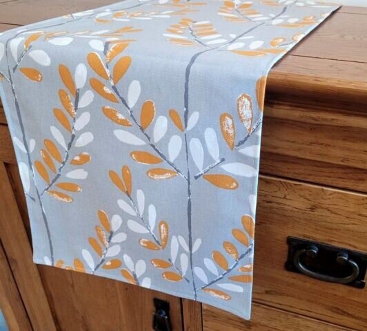 Table Runner Scandi Sprig Tangerine Orange Grey Design , Grey Table Runner UK 48" 54" 60" 64" 72" 84" 96" 104" Handmade 100%Cotton - CushionCoverAndDecor