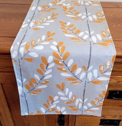 Table Runner Scandi Sprig Tangerine Orange Grey Design , Grey Table Runner UK 48" 54" 60" 64" 72" 84" 96" 104" Handmade 100%Cotton - CushionCoverAndDecor