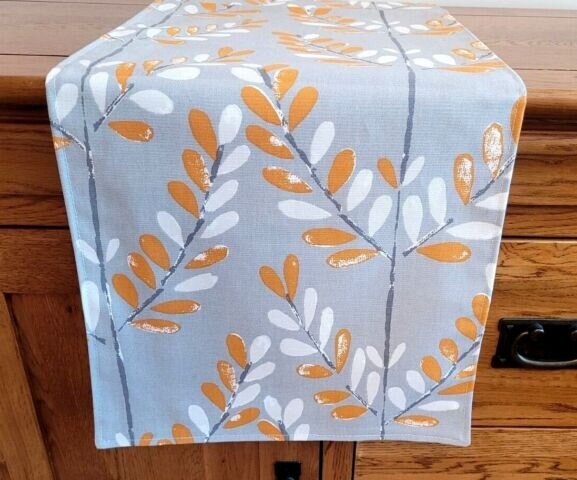 Table Runner Scandi Sprig Tangerine Orange Grey Design , Grey Table Runner UK 48" 54" 60" 64" 72" 84" 96" 104" Handmade 100%Cotton - CushionCoverAndDecor