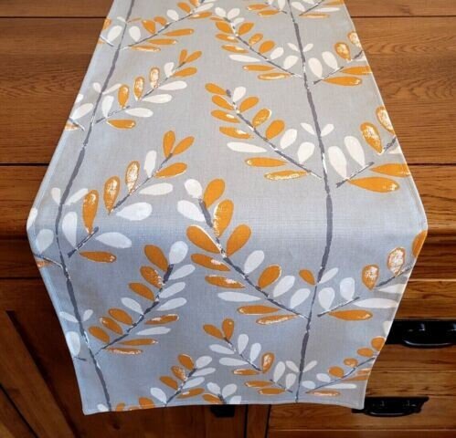 Table Runner Scandi Sprig Tangerine Orange Grey Design , Grey Table Runner UK 48" 54" 60" 64" 72" 84" 96" 104" Handmade 100%Cotton - CushionCoverAndDecor