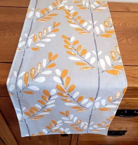 Table Runner Scandi Sprig Tangerine Orange Grey Design , Grey Table Runner UK 48" 54" 60" 64" 72" 84" 96" 104" Handmade 100%Cotton - CushionCoverAndDecor