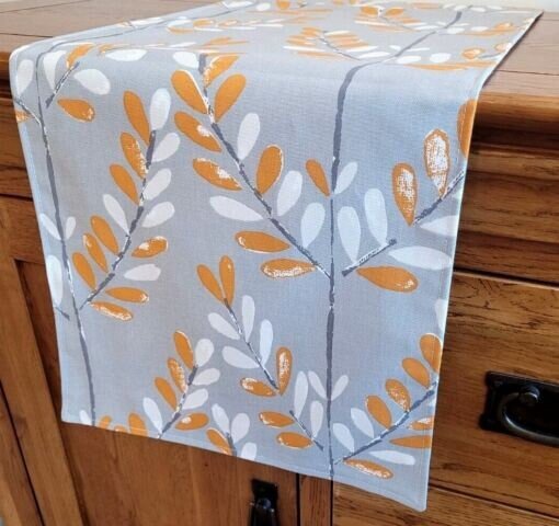 Table Runner Scandi Sprig Tangerine Orange Grey Design , Grey Table Runner UK 48" 54" 60" 64" 72" 84" 96" 104" Handmade 100%Cotton - CushionCoverAndDecor