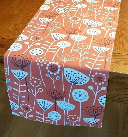 Table Runner Scandinavian Floral Bergen Burnt Orange Design , Table Runner UK , 36" 48" 54" 60" 64" 72" 84" 96" 104" Handmade 100% Cotton - CushionCoverAndDecor