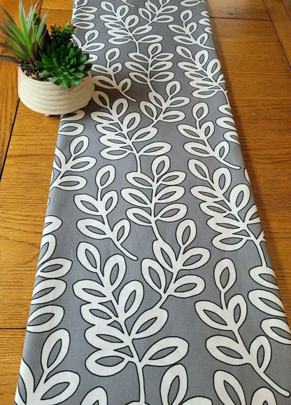 Table Runner Scandinavian Leaves Grey Charcoal Design 36" 48" 54" 60" 64" 72" 84" 96" 104" ILiv 100% Cotton Handmade - CushionCoverAndDecor