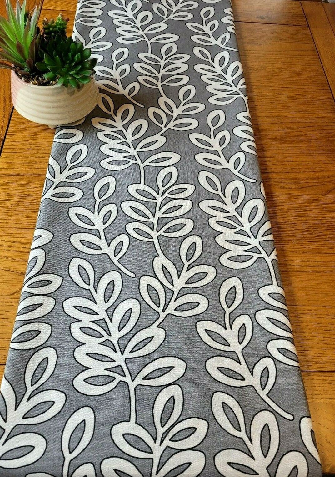 Table Runner Scandinavian Leaves Grey Charcoal Design 36" 48" 54" 60" 64" 72" 84" 96" 104" ILiv 100% Cotton Handmade - CushionCoverAndDecor