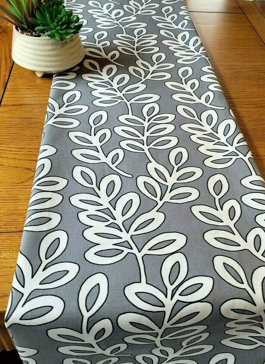 Table Runner Scandinavian Leaves Grey Charcoal Design 36" 48" 54" 60" 64" 72" 84" 96" 104" ILiv 100% Cotton Handmade - CushionCoverAndDecor