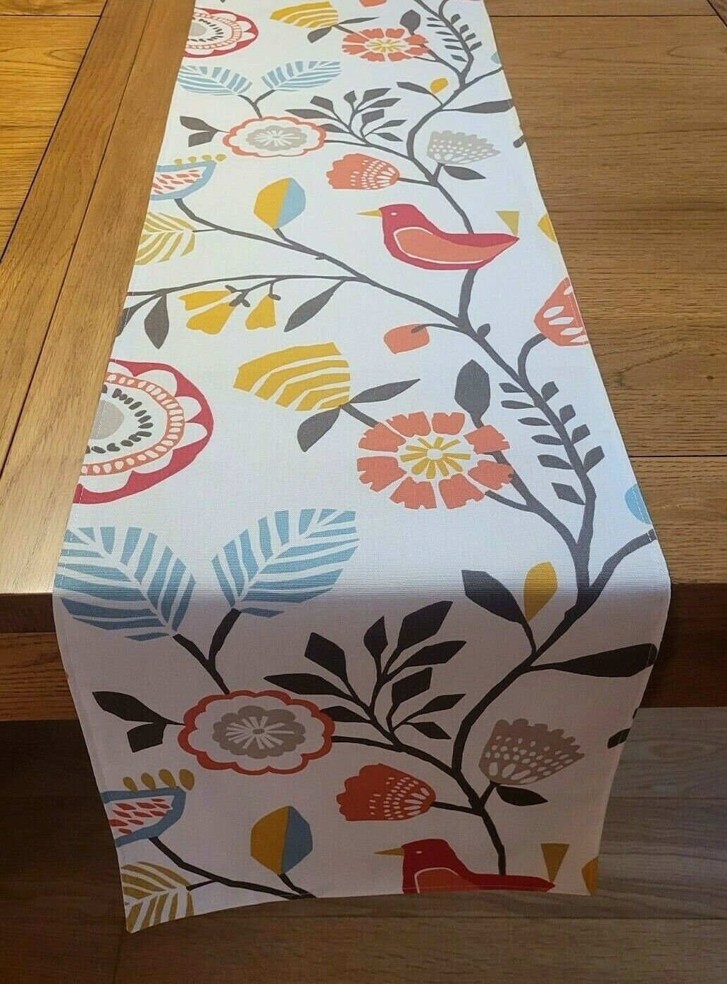 Table Runner Spice Orange Blue Folki Bird Floral Design 36" 48" 54" 60" 64" 72" 84" 96" 104" Handmade 100% Cotton - CushionCoverAndDecor