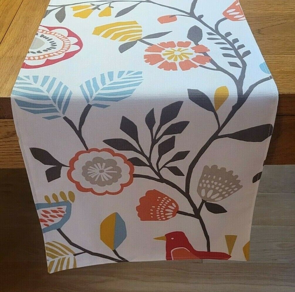 Table Runner Spice Orange Blue Folki Bird Floral Design 36" 48" 54" 60" 64" 72" 84" 96" 104" Handmade 100% Cotton - CushionCoverAndDecor