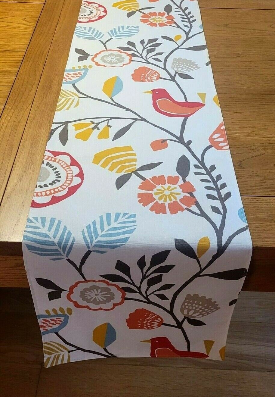 Table Runner Spice Orange Blue Folki Bird Floral Design 36" 48" 54" 60" 64" 72" 84" 96" 104" Handmade 100% Cotton - CushionCoverAndDecor