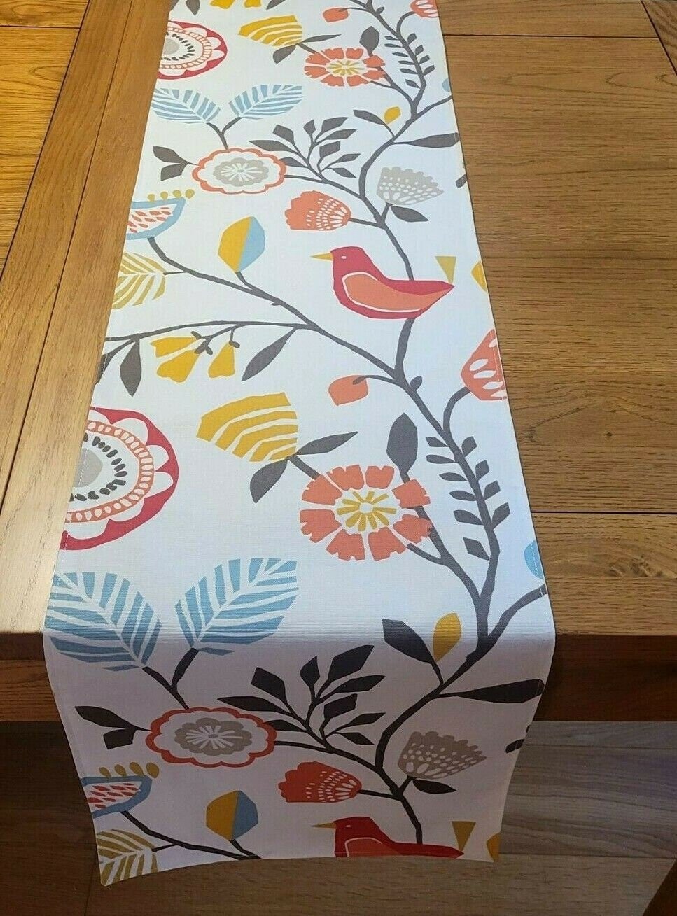 Table Runner Spice Orange Blue Folki Bird Floral Design 36" 48" 54" 60" 64" 72" 84" 96" 104" Handmade 100% Cotton - CushionCoverAndDecor