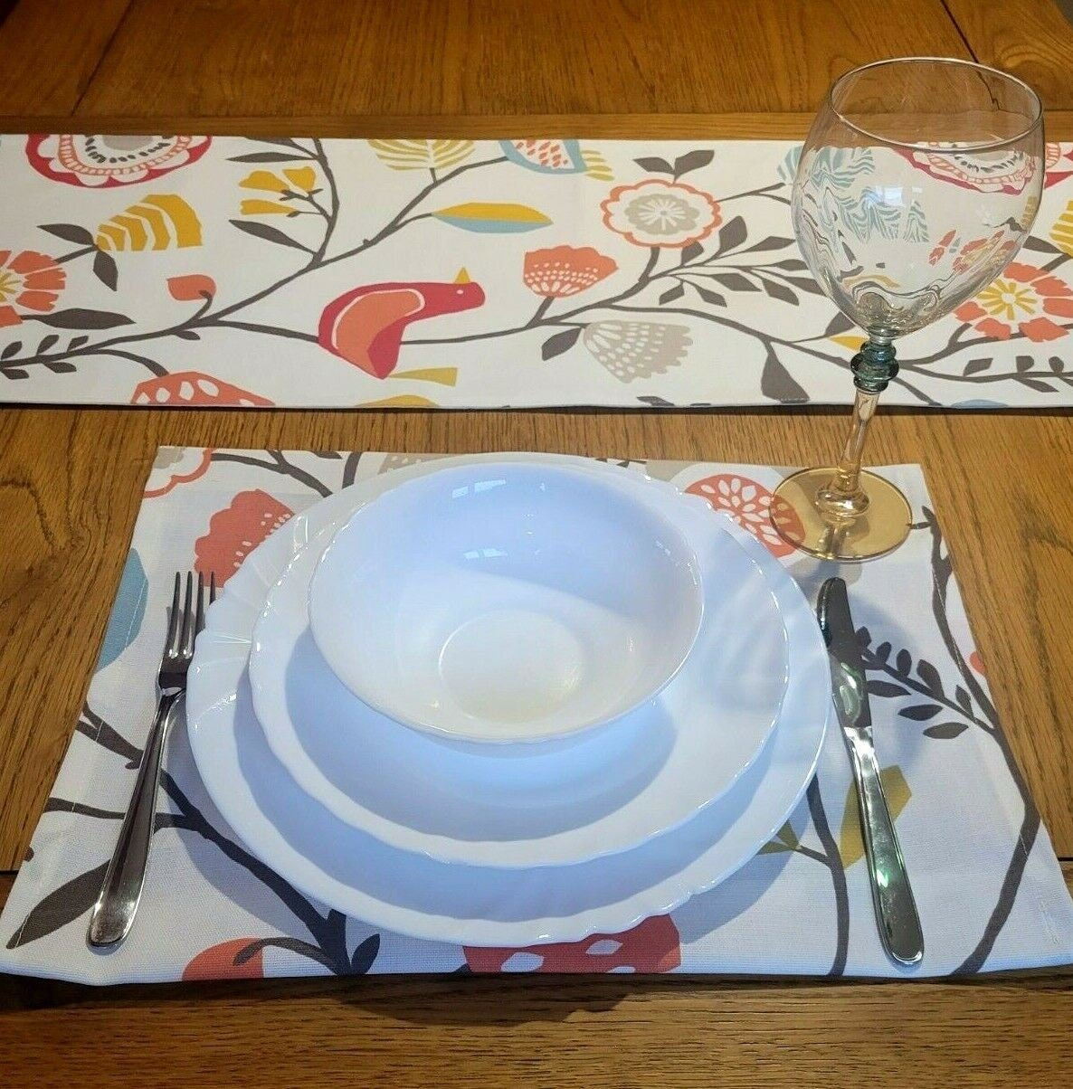 Table Runner Spice Orange Blue Folki Bird Floral Design 36" 48" 54" 60" 64" 72" 84" 96" 104" Handmade 100% Cotton - CushionCoverAndDecor