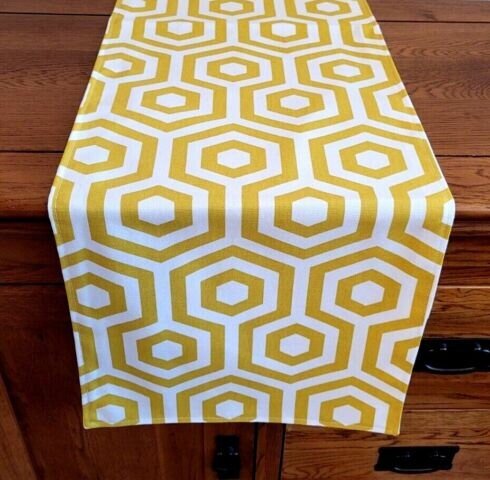 Table Runner Yellow Ochre Geometric Design , Geometric Table Runner 36" 48" 54" 60" 64" 72" 84" 96" 104" Handmade 100% Cotton - CushionCoverAndDecor