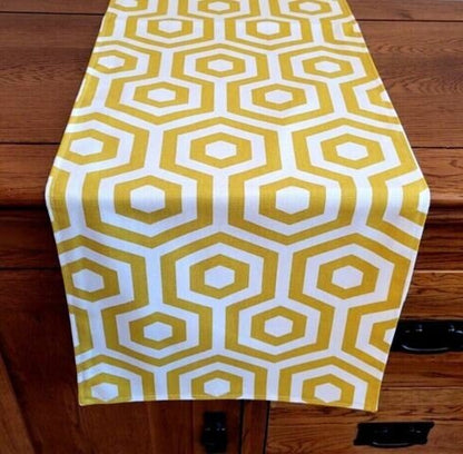 Table Runner Yellow Ochre Geometric Design , Geometric Table Runner 36" 48" 54" 60" 64" 72" 84" 96" 104" Handmade 100% Cotton - CushionCoverAndDecor