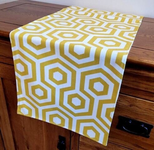 Table Runner Yellow Ochre Geometric Design , Geometric Table Runner 36" 48" 54" 60" 64" 72" 84" 96" 104" Handmade 100% Cotton - CushionCoverAndDecor