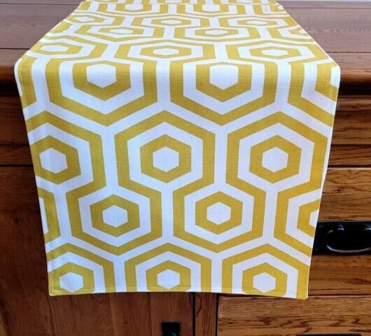 Table Runner Yellow Ochre Geometric Design , Geometric Table Runner 36" 48" 54" 60" 64" 72" 84" 96" 104" Handmade 100% Cotton - CushionCoverAndDecor