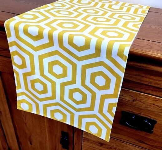 Table Runner Yellow Ochre Geometric Design , Geometric Table Runner 36" 48" 54" 60" 64" 72" 84" 96" 104" Handmade 100% Cotton - CushionCoverAndDecor