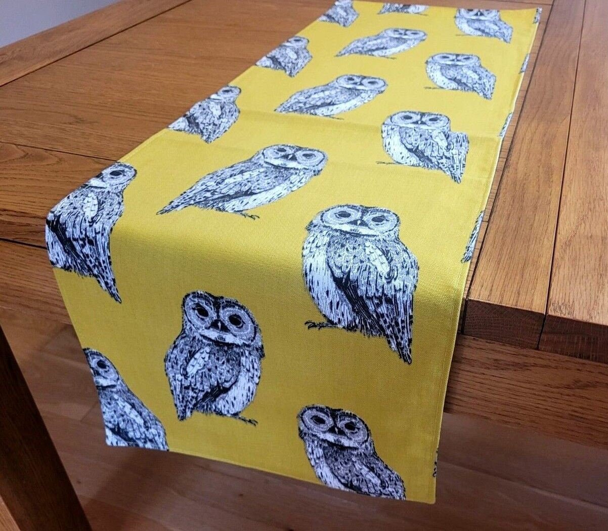 Table Runner Yellow Ochre Grey Owl Flint Birds Design 36" 48" 54" 60" 64" 72" 84" 96" 104" 100% Cotton Handmade - CushionCoverAndDecor