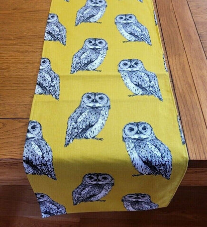 Table Runner Yellow Ochre Grey Owl Flint Birds Design 36" 48" 54" 60" 64" 72" 84" 96" 104" 100% Cotton Handmade - CushionCoverAndDecor