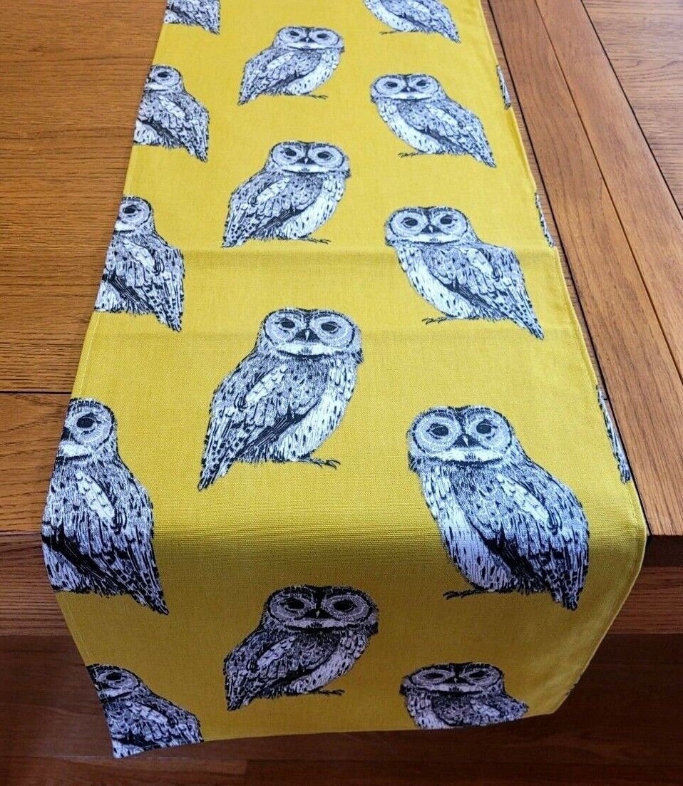 Table Runner Yellow Ochre Grey Owl Flint Birds Design 36" 48" 54" 60" 64" 72" 84" 96" 104" 100% Cotton Handmade - CushionCoverAndDecor