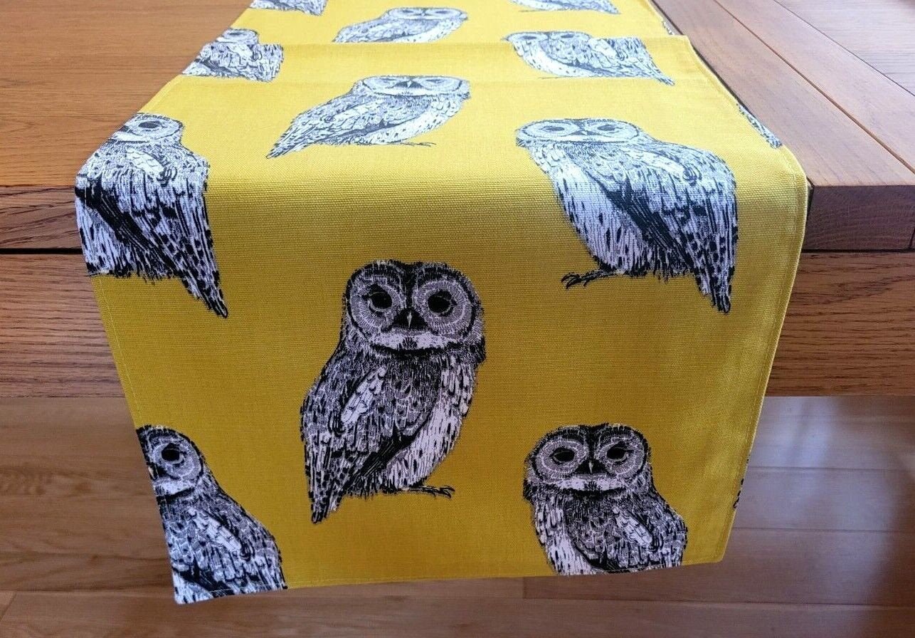 Table Runner Yellow Ochre Grey Owl Flint Birds Design 36" 48" 54" 60" 64" 72" 84" 96" 104" 100% Cotton Handmade - CushionCoverAndDecor