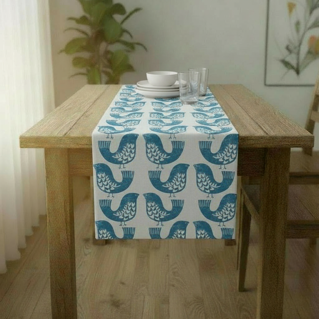 Tischläufer ILiv Capri Blau Beige Scandi Birds 36" 48" 54" 60" 64" 72" 84" 96" 104" Design Leinen 100% Baumwolle