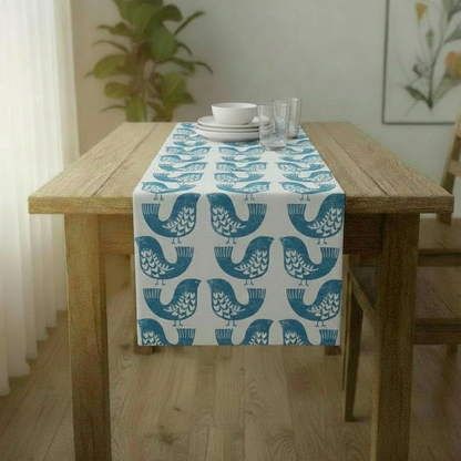 Tischläufer ILiv Capri Blau Beige Scandi Birds 36" 48" 54" 60" 64" 72" 84" 96" 104" Design Leinen 100% Baumwolle