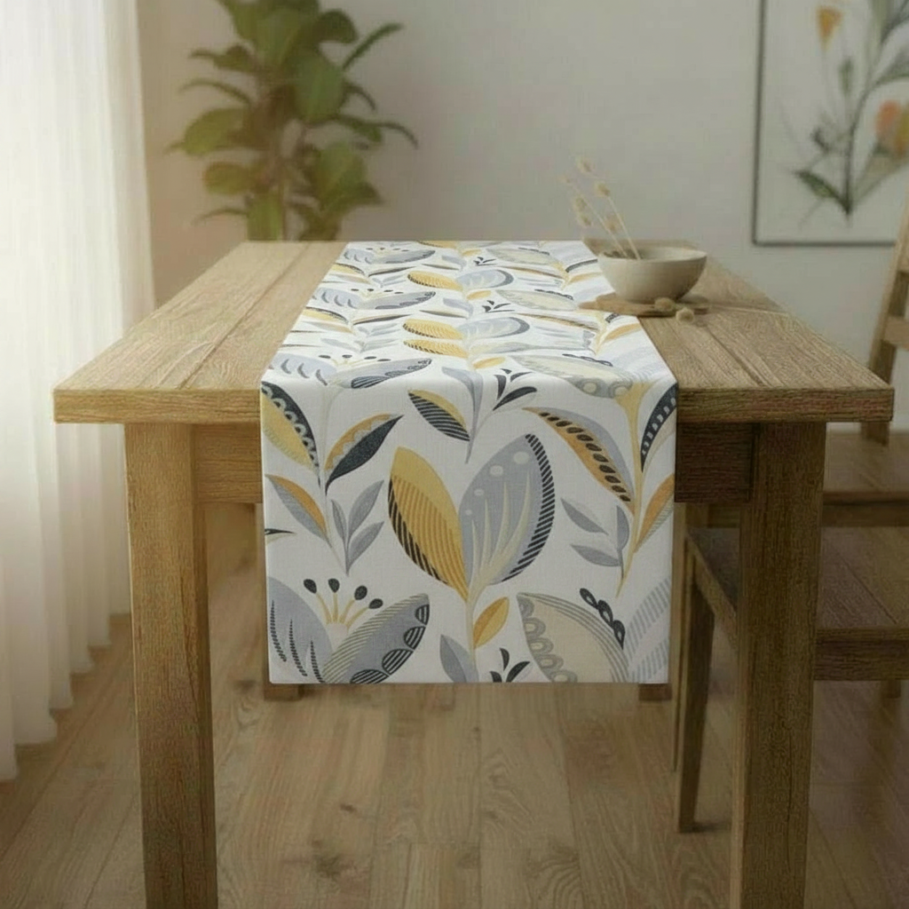 Tischläufer in Ocker, Gelb, Blau und Grau mit Granatapfelmuster, erhältlich in den Größen 36", 48", 54", 60", 64", 72", 84", 96" und 104", handgefertigt von ILiv, 100 % Baumwolle