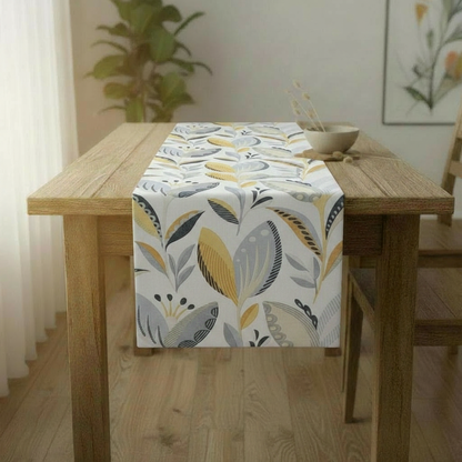 Tischläufer in Ocker, Gelb, Blau und Grau mit Granatapfelmuster, erhältlich in den Größen 36", 48", 54", 60", 64", 72", 84", 96" und 104", handgefertigt von ILiv, 100 % Baumwolle