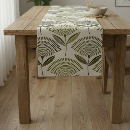 Tischläufer, limettengrün-grau, Löwenzahn-Design, 91 cm, 122 cm, 137 cm, 152 cm, 163 cm, 183 cm, 213 cm, 244 cm, 264 cm, Prestigious Textiles, 100 % Baumwolle, handgefertigt