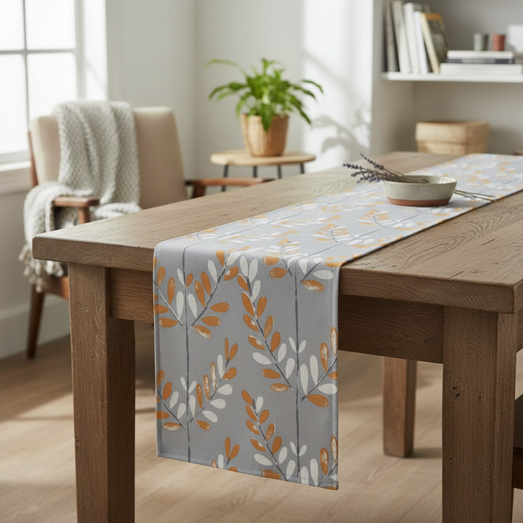 Tischläufer „Scandi Sprig“ in Mandarinenorange-Grau, grauer Tischläufer (UK-Größen: 48", 54", 60", 64", 72", 84", 96", 104"), handgefertigt aus 100 % Baumwolle