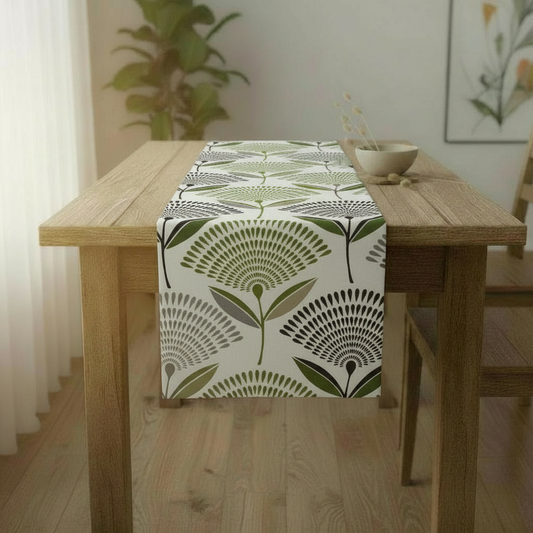 Tischläufer, limettengrün-grau, Löwenzahn-Design, 91 cm, 122 cm, 137 cm, 152 cm, 163 cm, 183 cm, 213 cm, 244 cm, 264 cm, Prestigious Textiles, 100 % Baumwolle, handgefertigt