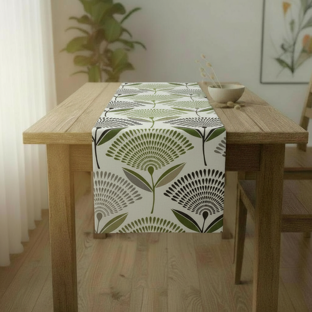 Tischläufer, limettengrün-grau, Löwenzahn-Design, 91 cm, 122 cm, 137 cm, 152 cm, 163 cm, 183 cm, 213 cm, 244 cm, 264 cm, Prestigious Textiles, 100 % Baumwolle, handgefertigt