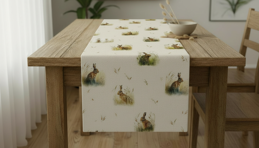 Tischläufer, Servietten mit springenden Hasen, Naturbeige-Design, Ostertischläufer, Größen: 91 cm, 122 cm, 137 cm, 152 cm, 163 cm, 183 cm, 213 cm, 244 cm, 264 cm, Handgefertigt aus 100 % Baumwolle