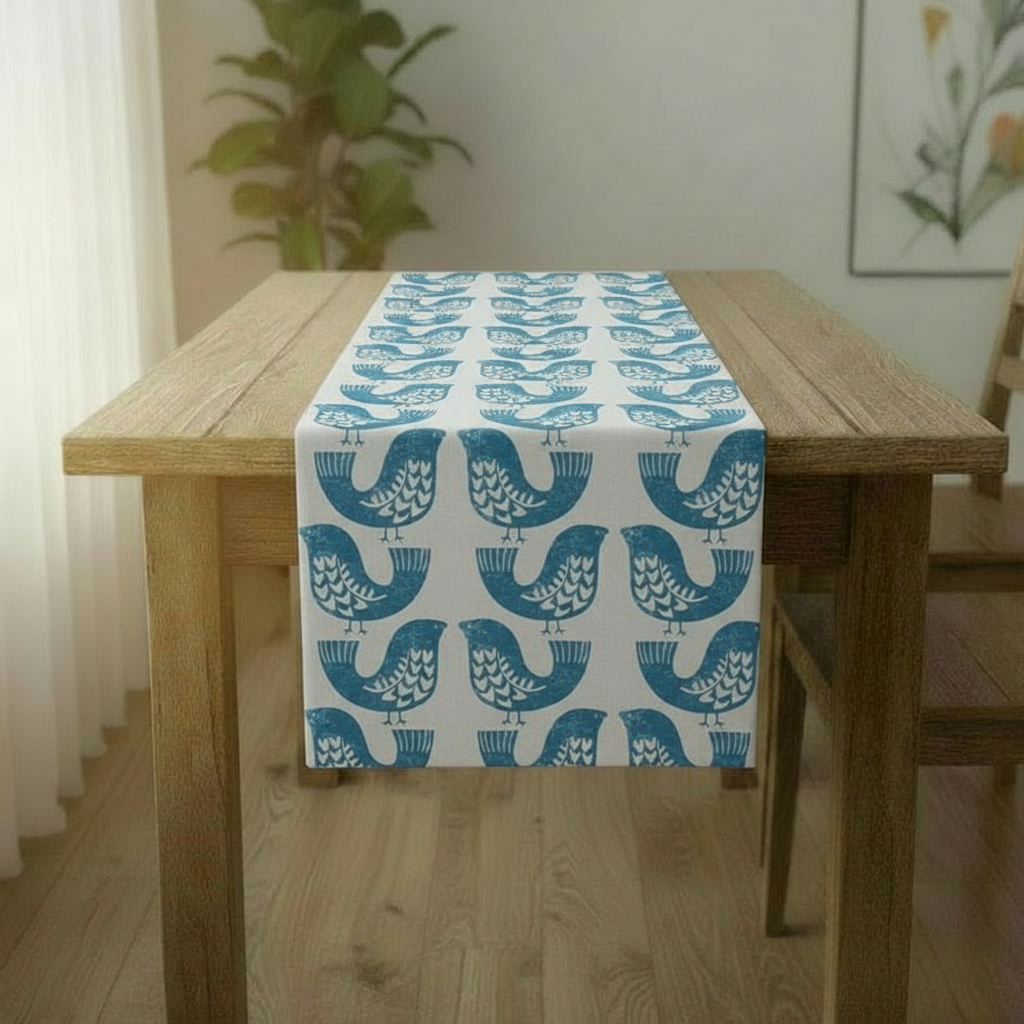 Tischläufer ILiv Capri Blau Beige Scandi Birds 36" 48" 54" 60" 64" 72" 84" 96" 104" Design Leinen 100% Baumwolle