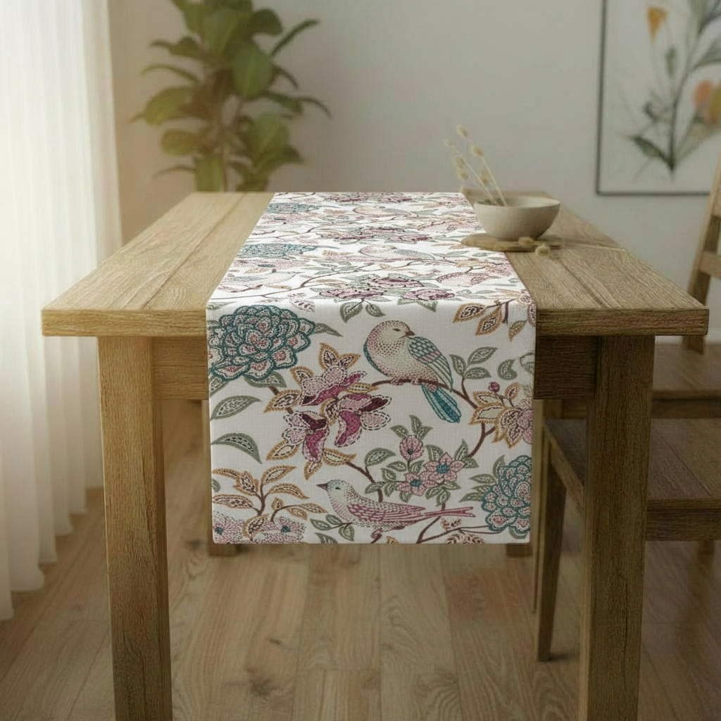 Tischläufer Heritage Farn Beige Braun Vögel Blumendesign 36" 48" 54" 60" 64" 72" 84" 96" 104" Handgefertigt 100% Baumwolle