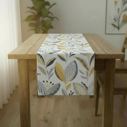 Tischläufer in Ocker, Gelb, Blau und Grau mit Granatapfelmuster, erhältlich in den Größen 36", 48", 54", 60", 64", 72", 84", 96" und 104", handgefertigt von ILiv, 100 % Baumwolle