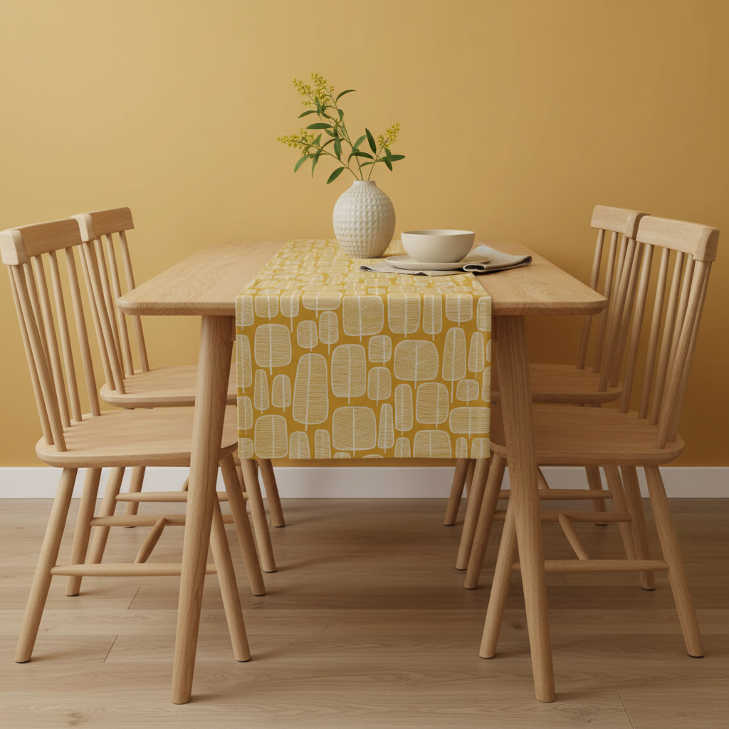 Tischläufer „Little Trees“ von MissPrint, gelbockerfarben, Größen: 36", 48", 54", 60", 64", 72", 84", 96", 104", handgefertigt aus 100 % Baumwolle