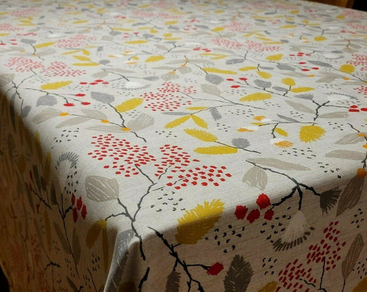 Tablecloth Ashley Wilde Scandi Trail Grey Red Yellow Floral Design 100% Cotton Handmade - CushionCoverAndDecor