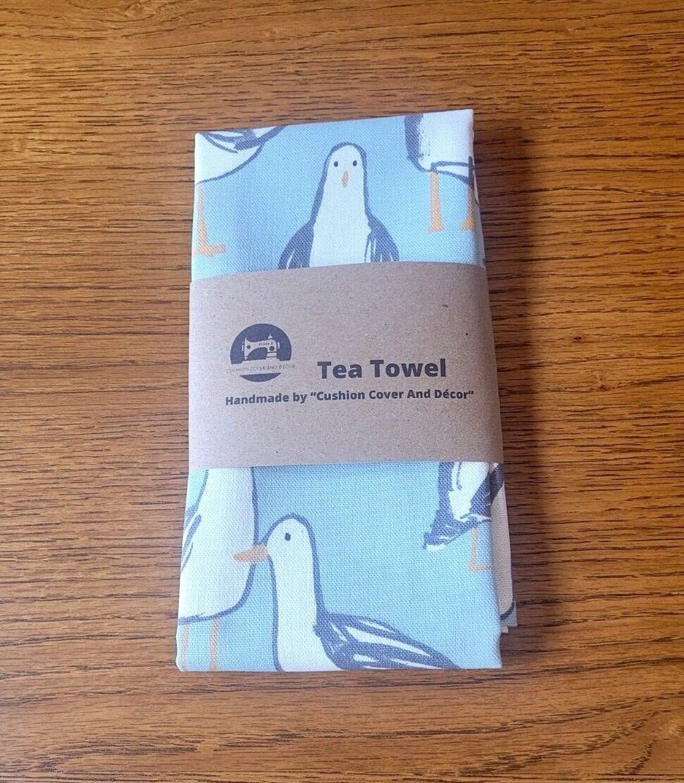 Tea Towel Seagull Laridae ,Nautical Marine Seaside Blue , Beige , White Design - CushionCoverAndDecor