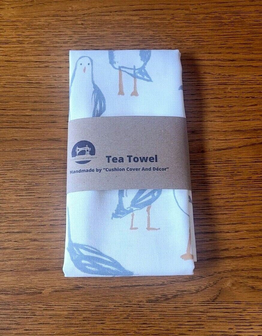 Tea Towel Seagull Laridae ,Nautical Marine Seaside Blue , Beige , White Design - CushionCoverAndDecor