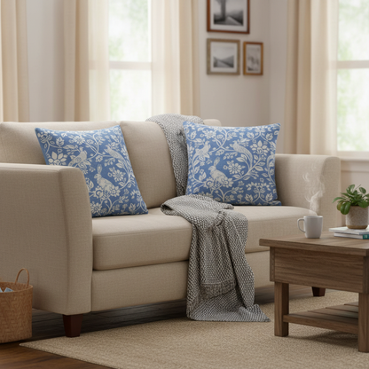 Heathland Indigo Blue Floral Wildlife Hares Game Cushion Cover