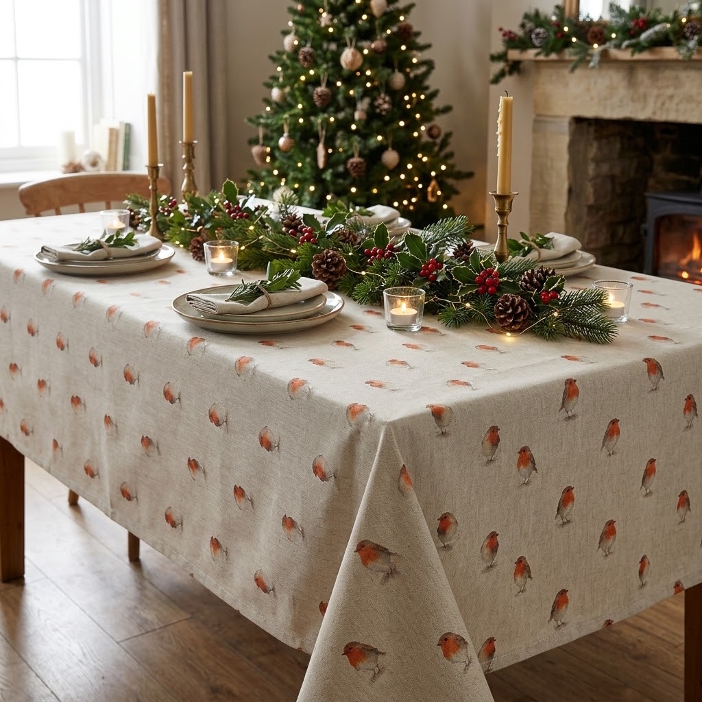 Weihnachtstischdecke aus Leinen, rot-beige, mit Rotkehlchen-Motiv, 100 % Baumwolle, handgefertigt