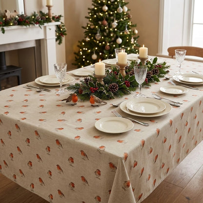 Weihnachtstischdecke aus Leinen, rot-beige, mit Rotkehlchen-Motiv, 100 % Baumwolle, handgefertigt