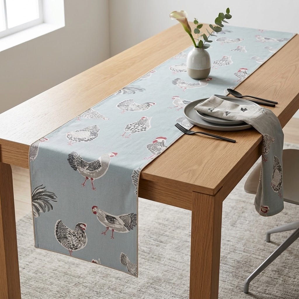 Runner da tavolo con motivo gallo, gallina e pollo, runner da tavolo con motivo uovo d'anatra blu, runner da tavolo pasquale 36" 48" 54" 60" 64" 72" 84" 96" 104"