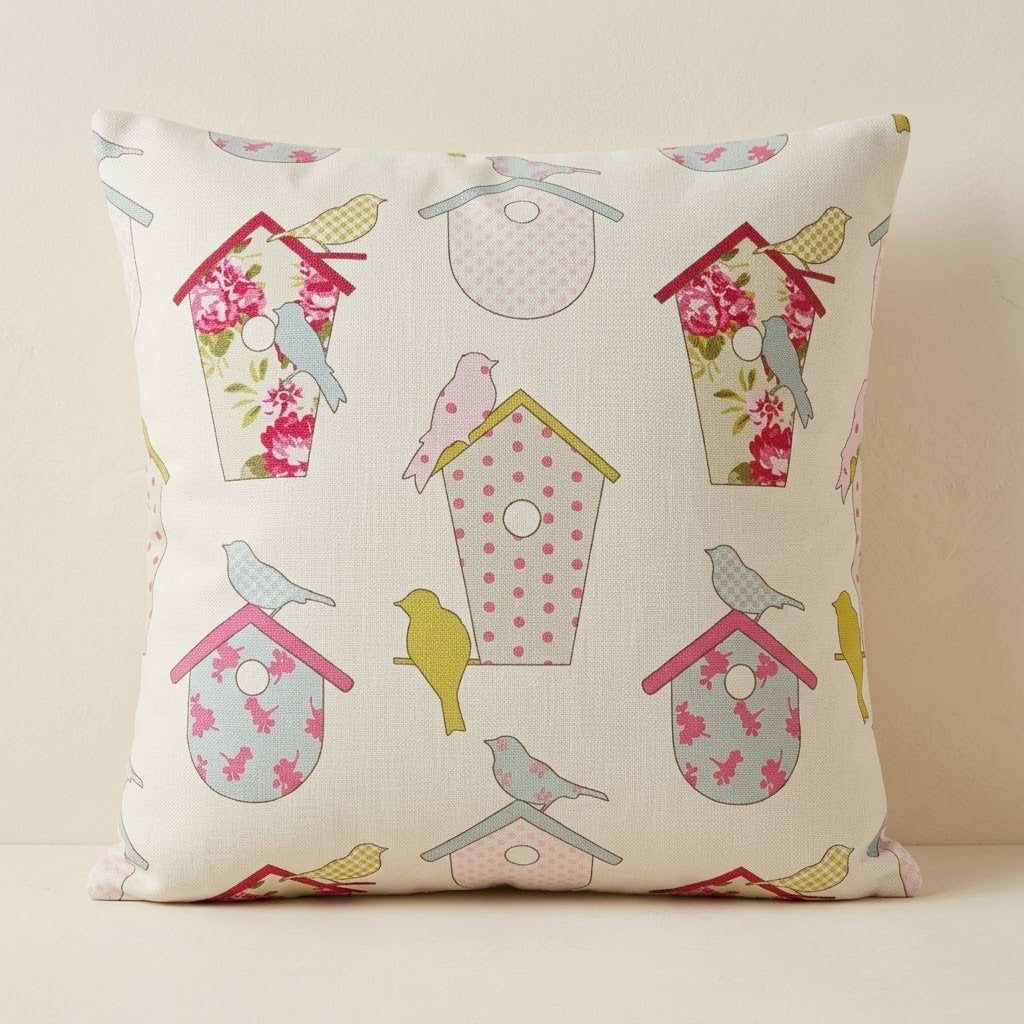 Ashley Wilde Birdhouse Birds Floral Pink Cushion Cover , Birds Cushion Cover , Scatter Cushions , Cushion Cover UK