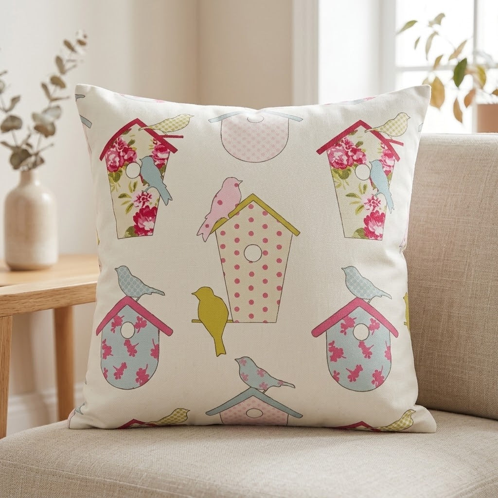Ashley Wilde Birdhouse Birds Floral Pink Cushion Cover , Birds Cushion Cover , Scatter Cushions , Cushion Cover UK