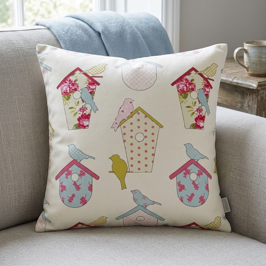 Ashley Wilde Birdhouse Birds Floral Pink Cushion Cover , Birds Cushion Cover , Scatter Cushions , Cushion Cover UK